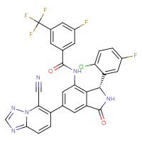 Chemical structure of N-[(3R)-3-(2-chloro-5-fluorophenyl)-6-{5-cyano-[1,2,4]triazolo[1,5-a]pyridin-6-yl}-1-oxo-2,3-dihydro-1H-isoindol-4-yl]-3-fluoro-5-(trifluoromethyl)benzamide - CSSB14929135452