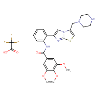 Chemical structure of 3,4,5-trimethoxy-N-(2-{3-[(piperazin-1-yl)methyl]imidazo[2,1-b][1,3]thiazol-6-yl}phenyl)benzamide; trifluoroacetic acid - CSSB02125605435