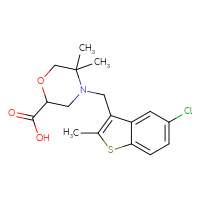 Chemical structure of 4-[(5-chloro-2-methyl-1-benzothiophen-3-yl)methyl]-5,5-dimethylmorpholine-2-carboxylic acid - CSSS07164376584