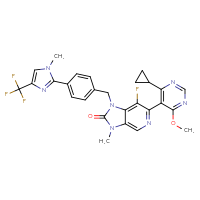 Chemical structure of 6-(4-cyclopropyl-6-methoxypyrimidin-5-yl)-7-fluoro-3-methyl-1-({4-[1-methyl-4-(trifluoromethyl)-1H-imidazol-2-yl]phenyl}methyl)-1H,2H,3H-imidazo[4,5-c]pyridin-2-one - CSSB17764111963
