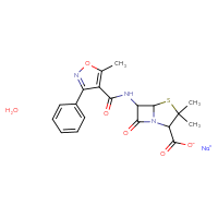 Chemical structure of sodium 3,3-dimethyl-6-(5-methyl-3-phenyl-1,2-oxazole-4-amido)-7-oxo-4-thia-1-azabicyclo[3.2.0]heptane-2-carboxylate hydrate - CSSB00020669007