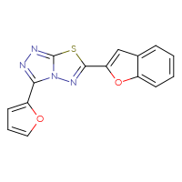 Chemical structure of 6-(1-benzofuran-2-yl)-3-(furan-2-yl)-[1,2,4]triazolo[3,4-b][1,3,4]thiadiazole - CSSB00121637412