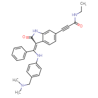 Chemical structure of 3-{3-[({4-[(dimethylamino)methyl]phenyl}amino)(phenyl)methylidene]-2-oxo-2,3-dihydro-1H-indol-6-yl}-N-ethylprop-2-ynamide - CSSB00159265317