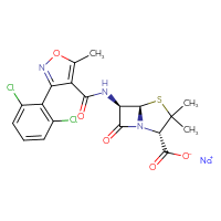 Chemical structure of sodium (2S,5R,6R)-6-[3-(2,6-dichlorophenyl)-5-methyl-1,2-oxazole-4-amido]-3,3-dimethyl-7-oxo-4-thia-1-azabicyclo[3.2.0]heptane-2-carboxylate - CSSB00020615407