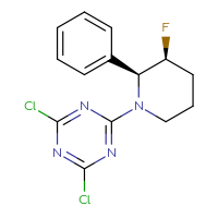 Chemical structure of 2,4-dichloro-6-[(2S,3S)-3-fluoro-2-phenylpiperidin-1-yl]-1,3,5-triazine - CSSB21332147550