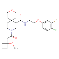 Chemical structure of N-[2-(4-chloro-3-fluorophenoxy)ethyl]-9-[2-(1-methoxycyclobutyl)acetyl]-3-oxa-9-azaspiro[5.5]undecane-7-carboxamide - CSSS14948283680