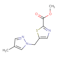 Chemical structure of methyl 5-[(4-methyl-1H-pyrazol-1-yl)methyl]-1,3-thiazole-2-carboxylate - CSSB20618359440