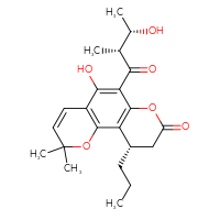 Chemical structure of (10S)-5-hydroxy-6-[(2R,3S)-3-hydroxy-2-methylbutanoyl]-2,2-dimethyl-10-propyl-2H,8H,9H,10H-pyrano[2,3-h]chromen-8-one - CSSB06744482078