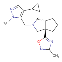 Chemical structure of 5-[(3aR,6aR)-2-[(4-cyclopropyl-1-methyl-1H-pyrazol-5-yl)methyl]-octahydrocyclopenta[c]pyrrol-3a-yl]-3-methyl-1,2,4-oxadiazole - CSSS00138519775