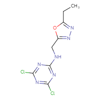 Chemical structure of 4,6-dichloro-N-[(5-ethyl-1,3,4-oxadiazol-2-yl)methyl]-1,3,5-triazin-2-amine - CSSB21332073641
