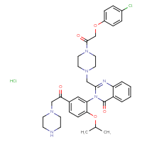 Chemical structure of 2-({4-[2-(4-chlorophenoxy)acetyl]piperazin-1-yl}methyl)-3-{5-[2-(piperazin-1-yl)acetyl]-2-(propan-2-yloxy)phenyl}-3,4-dihydroquinazolin-4-one hydrochloride - CSSB14880531335