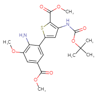Chemical structure of methyl 5-[2-amino-3-methoxy-5-(methoxycarbonyl)phenyl]-3-{[(tert-butoxy)carbonyl]amino}thiophene-2-carboxylate - CSSB21531607387