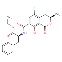 Chemical structure of ethyl (2S)-2-{[(3R)-5-chloro-8-hydroxy-3-methyl-1-oxo-3,4-dihydro-1H-2-benzopyran-7-yl]formamido}-3-phenylpropanoate - CSSB00102657660