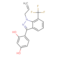 Chemical structure of 4-[1-(prop-2-en-1-yl)-7-(trifluoromethyl)-1H-indazol-3-yl]benzene-1,3-diol - CSSB06359884802