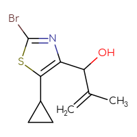 Chemical structure of 1-(2-bromo-5-cyclopropyl-1,3-thiazol-4-yl)-2-methylprop-2-en-1-ol - CSSB21246451274