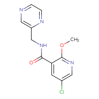 Chemical structure of 5-chloro-2-methoxy-N-[(pyrazin-2-yl)methyl]pyridine-3-carboxamide - CSSB06402500044
