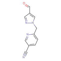 Chemical structure of 6-[(4-formyl-1H-pyrazol-1-yl)methyl]pyridine-3-carbonitrile - CSSB02143650285