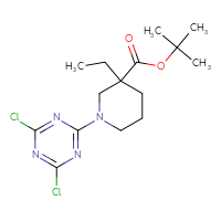Chemical structure of tert-butyl 1-(4,6-dichloro-1,3,5-triazin-2-yl)-3-ethylpiperidine-3-carboxylate - CSSB21332146405
