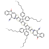 Chemical structure of 2-[(2E)-2-[(20-{[(2E)-1-(dicyanomethylidene)-3-oxo-2,3-dihydro-1H-inden-2-ylidene]methyl}-3,3,16,16-tetrakis(4-hexylphenyl)-6,10,13,19,23,26-hexathiaoctacyclo[12.12.0.0²,¹².0⁴,¹¹.0⁵,⁹.0¹⁵,²⁵.0¹⁷,²⁴.0¹⁸,²²]hexacosa-1(14),2(12),4(11),5(9),7,15(25),17(24),18(22),20-nonaen-7-yl)methylidene]-3-oxo-2,3-dihydro-1H-inden-1-ylidene]propanedinitrile - CSSB21241738914