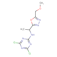 Chemical structure of 4,6-dichloro-N-{1-[5-(methoxymethyl)-1,3,4-oxadiazol-2-yl]ethyl}-1,3,5-triazin-2-amine - CSSB20842503946