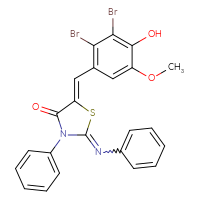 Chemical structure of (5Z)-5-[(2,3-dibromo-4-hydroxy-5-methoxyphenyl)methylidene]-3-phenyl-2-(phenylimino)-1,3-thiazolidin-4-one - CSSB20620699091