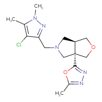 Chemical structure of 2-[(3aS,6aS)-5-[(4-chloro-1,5-dimethyl-1H-pyrazol-3-yl)methyl]-hexahydro-1H-furo[3,4-c]pyrrol-3a-yl]-5-methyl-1,3,4-oxadiazole - CSSS00138529129