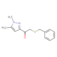 Chemical structure of 2-(benzylsulfanyl)-1-(1,5-dimethyl-1H-pyrazol-3-yl)ethan-1-one - CSSB15046241333