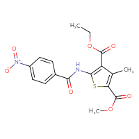 Chemical structure of 4-ethyl 2-methyl 3-methyl-5-(4-nitrobenzamido)thiophene-2,4-dicarboxylate - CSSB00121669240