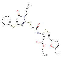 Chemical structure of ethyl 4-(5-methylfuran-2-yl)-2-(2-{[3-oxo-4-(prop-2-en-1-yl)-8-thia-4,6-diazatricyclo[7.4.0.0²,⁷]trideca-1(9),2(7),5-trien-5-yl]sulfanyl}acetamido)thiophene-3-carboxylate - CSSB00027951196
