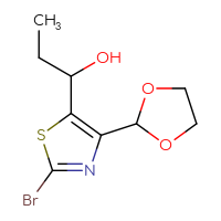 Chemical structure of 1-[2-bromo-4-(1,3-dioxolan-2-yl)-1,3-thiazol-5-yl]propan-1-ol - CSSB21246486143