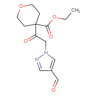 Chemical structure of ethyl 4-[2-(4-formyl-1H-pyrazol-1-yl)acetyl]oxane-4-carboxylate - CSSB21332094581