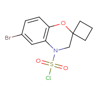 Chemical structure of 6-bromo-3,4-dihydrospiro[1,4-benzoxazine-2,1'-cyclobutane]-4-sulfonyl chloride - CSSB21224775844