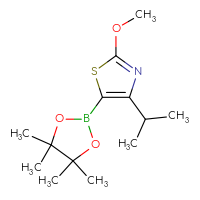 Chemical structure of 2-methoxy-4-(propan-2-yl)-5-(4,4,5,5-tetramethyl-1,3,2-dioxaborolan-2-yl)-1,3-thiazole - CSSB00011160648