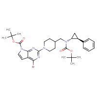 Chemical structure of tert-butyl 4-bromo-2-[4-({[(tert-butoxy)carbonyl][(1R,2S)-2-phenylcyclopropyl]amino}methyl)piperidin-1-yl]-7H-pyrrolo[2,3-d]pyrimidine-7-carboxylate - CSSB21121924408