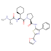 Chemical structure of (2S)-1-[(2S)-2-cyclohexyl-2-[(2S)-2-(methylamino)propanamido]acetyl]-N-[2-(1,3-oxazol-2-yl)-4-phenyl-1,3-thiazol-5-yl]pyrrolidine-2-carboxamide - CSSB21103237654