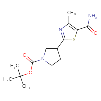 Chemical structure of tert-butyl 3-(5-carbamoyl-4-methyl-1,3-thiazol-2-yl)pyrrolidine-1-carboxylate - CSSB02270738750