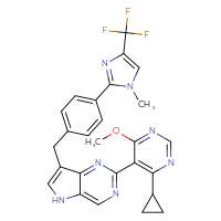 Chemical structure of 4-cyclopropyl-6-methoxy-5-[7-({4-[1-methyl-4-(trifluoromethyl)-1H-imidazol-2-yl]phenyl}methyl)-5H-pyrrolo[3,2-d]pyrimidin-2-yl]pyrimidine - CSSB14823689089
