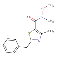 Chemical structure of 2-benzyl-N-methoxy-N,4-dimethyl-1,3-thiazole-5-carboxamide - CSSB02016172720