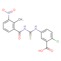 Chemical structure of 2-chloro-5-({[(2-methyl-3-nitrophenyl)formamido]methanethioyl}amino)benzoic acid - CSSB00102591744