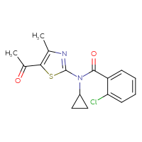 Chemical structure of N-(5-acetyl-4-methyl-1,3-thiazol-2-yl)-2-chloro-N-cyclopropylbenzamide - CSSB00015198646