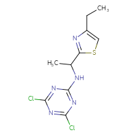 Chemical structure of 4,6-dichloro-N-[1-(4-ethyl-1,3-thiazol-2-yl)ethyl]-1,3,5-triazin-2-amine - CSSB21332174429