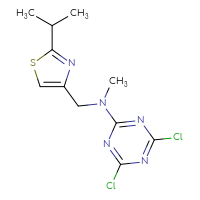 Chemical structure of 4,6-dichloro-N-methyl-N-{[2-(propan-2-yl)-1,3-thiazol-4-yl]methyl}-1,3,5-triazin-2-amine - CSSB02223689850