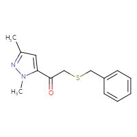 Chemical structure of 2-(benzylsulfanyl)-1-(1,3-dimethyl-1H-pyrazol-5-yl)ethan-1-one - CSSB15046241283