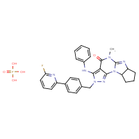 Chemical structure of 4-{[4-(6-fluoropyridin-2-yl)phenyl]methyl}-8-methyl-5-(phenylamino)-1,3,4,8,10-pentaazatetracyclo[7.6.0.0²,⁶.0¹¹,¹⁵]pentadeca-2,5,9-trien-7-one; phosphoric acid - CSSB02515421442