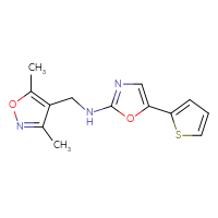 Chemical structure of N-[(3,5-dimethyl-1,2-oxazol-4-yl)methyl]-5-(thiophen-2-yl)-1,3-oxazol-2-amine - CSSB14972697685