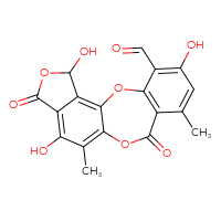 Chemical structure of 5,13,17-trihydroxy-7,12-dimethyl-9,15-dioxo-2,10,16-trioxatetracyclo[9.7.0.0³,⁸.0¹⁴,¹⁸]octadeca-1(18),3(8),4,6,11,13-hexaene-4-carbaldehyde - CSSB00020677000