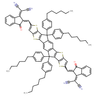 Chemical structure of 2-{2-[(20-{[1-(dicyanomethylidene)-3-oxo-2,3-dihydro-1H-inden-2-ylidene]methyl}-12,12,24,24-tetrakis(4-hexylphenyl)-5,9,17,21-tetrathiaheptacyclo[13.9.0.0³,¹³.0⁴,¹¹.0⁶,¹⁰.0¹⁶,²³.0¹⁸,²²]tetracosa-1(15),2,4(11),6(10),7,13,16(23),18(22),19-nonaen-8-yl)methylidene]-3-oxo-2,3-dihydro-1H-inden-1-ylidene}propanedinitrile - CSSB03437843510