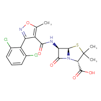 Chemical structure of (2S,5R,6R)-6-[3-(2,6-dichlorophenyl)-5-methyl-1,2-oxazole-4-amido]-3,3-dimethyl-7-oxo-4-thia-1-azabicyclo[3.2.0]heptane-2-carboxylic acid - CSSB00000052691