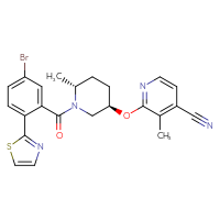 Chemical structure of 2-{[(3R,6R)-1-[5-bromo-2-(1,3-thiazol-2-yl)benzoyl]-6-methylpiperidin-3-yl]oxy}-3-methylpyridine-4-carbonitrile - CSSB15061988000