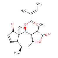 Chemical structure of (3S,3aR,4S,4aR,7aR,8R,9aR)-3,4a,8-trimethyl-2,5-dioxo-2H,3H,3aH,4H,4aH,5H,7aH,8H,9H,9aH-azuleno[6,5-b]furan-4-yl (2E)-2-methylbut-2-enoate - CSSB03437847247